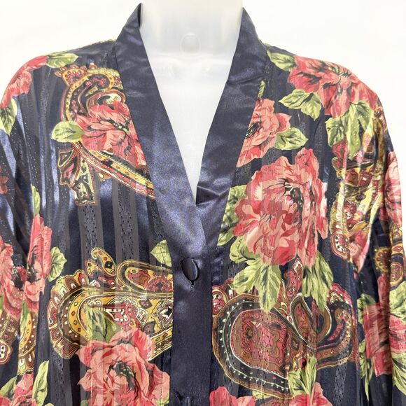 Vintage Victoria’s Secret Floral Paisley Satin Pajama Top M Navy Red Button Up - Picture 5 of 11